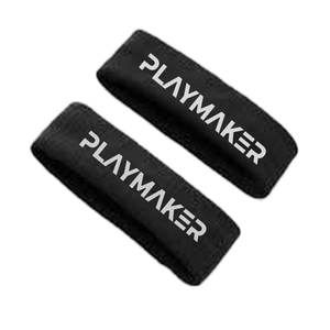 Two black bicep bands with Playmaker Sportz Logo Embroidered on a white background