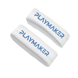 Two white bicep bands with Playmaker Sportz logo embroidered on a white background