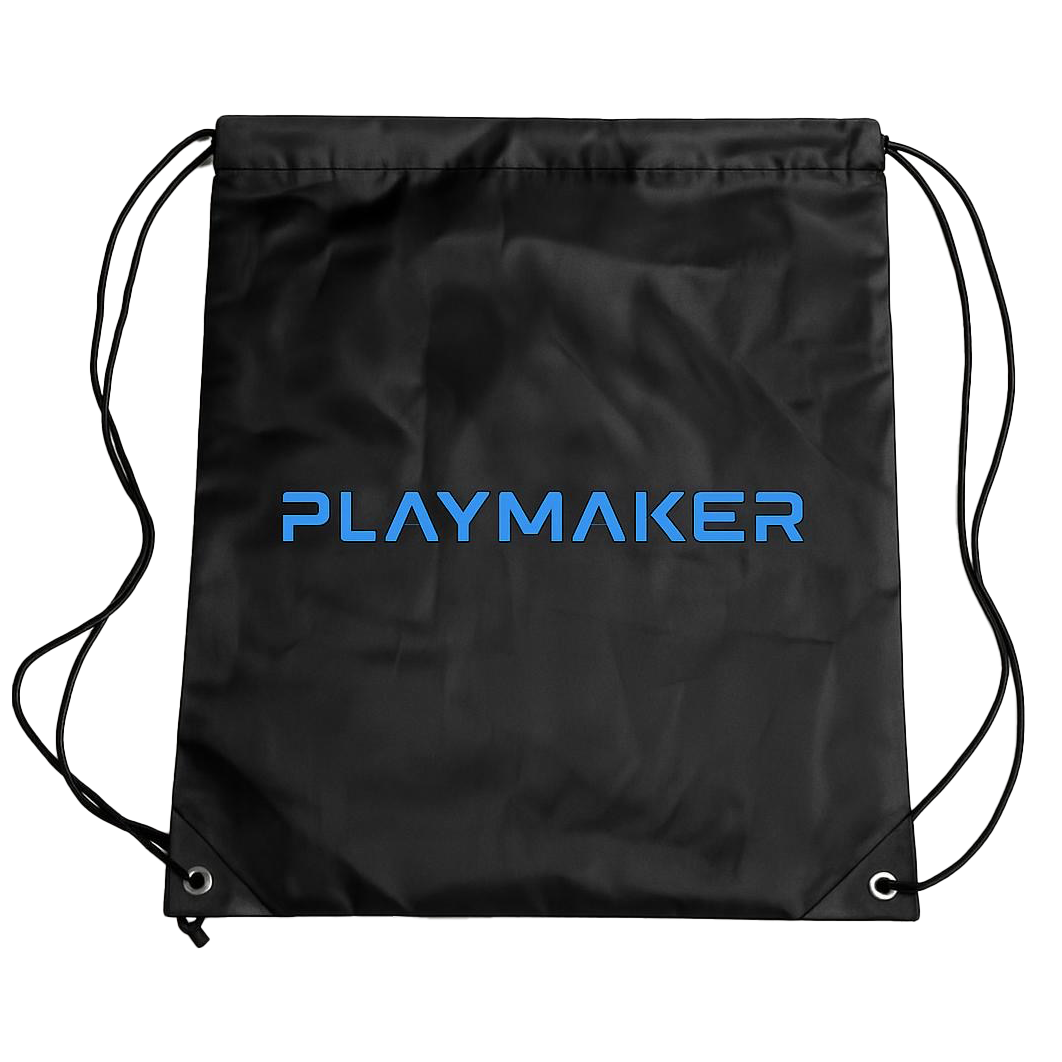 Black drawstring bag with Playmaker Sportz logo on a white background