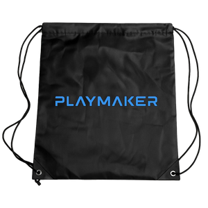 Black drawstring bag with Playmaker Sportz logo on a white background