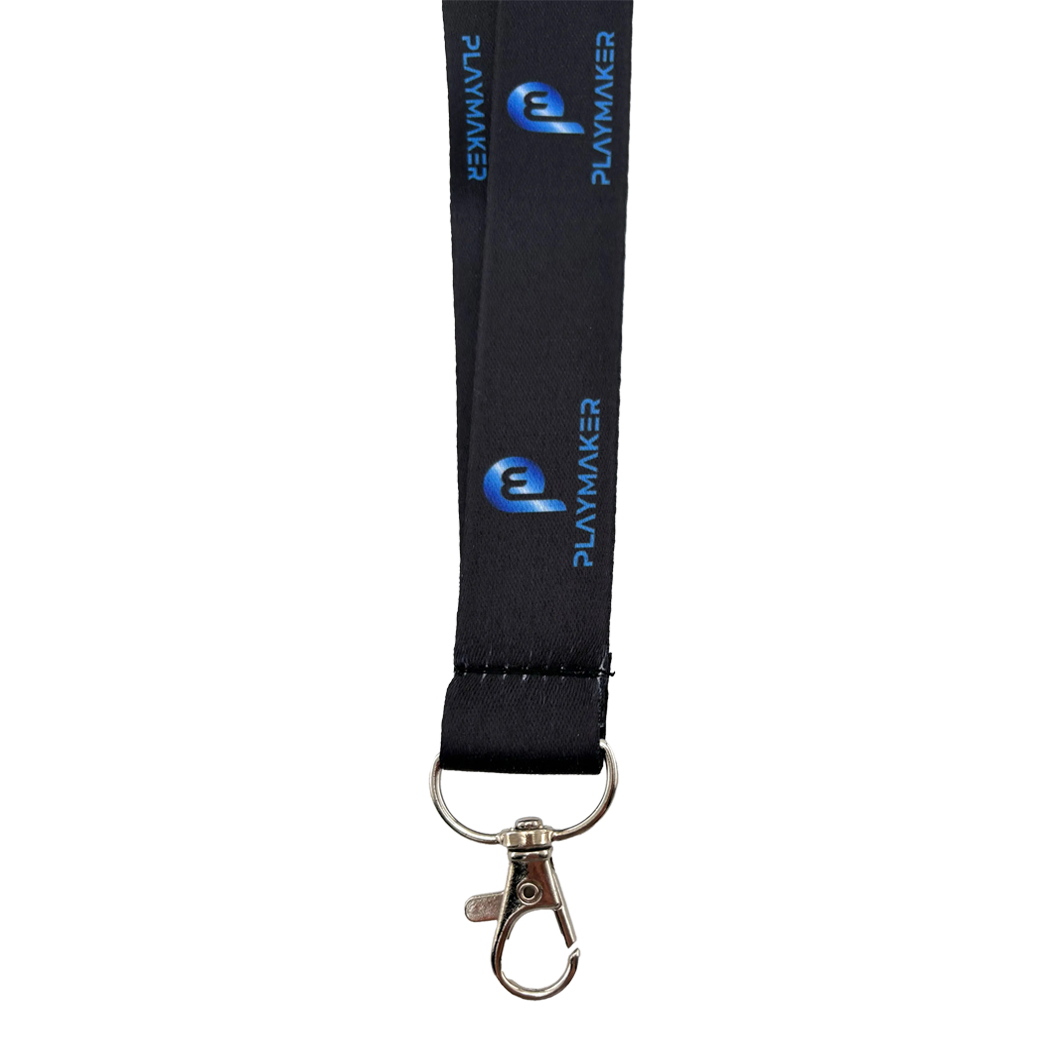 Black lanyard with 'Playmaker Sportz logo white background