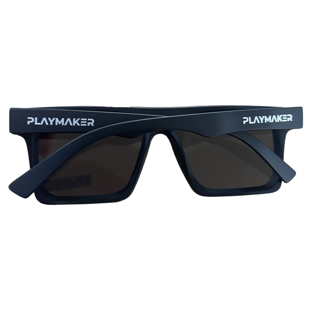 Back view of Sunglasses with Playmaker Sportz logo on a white background