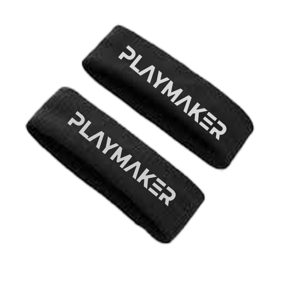 Two black bicep bands with Playmaker Sportz Logo Embroidered on a white background