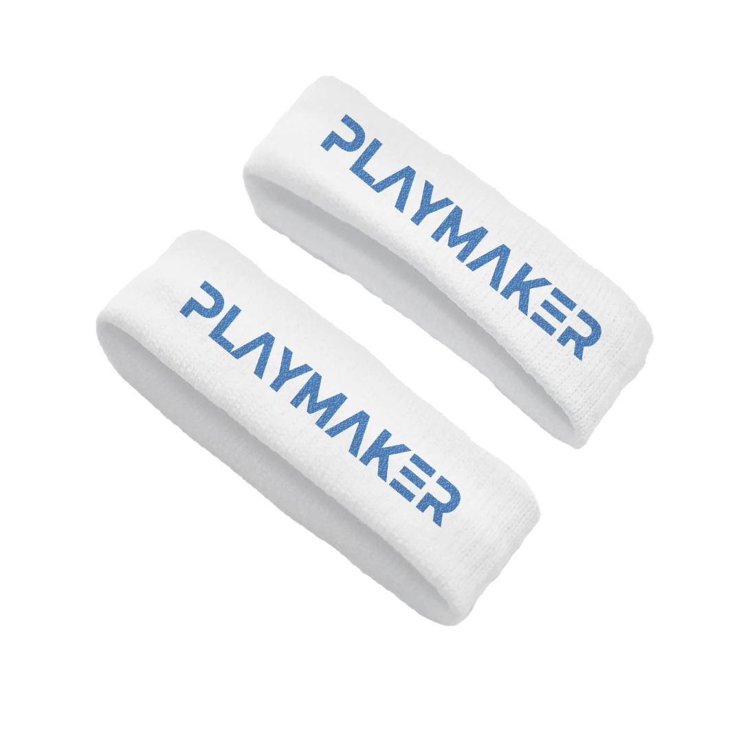 Two white bicep bands with Playmaker Sportz logo embroidered on a white background