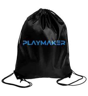 Black drawstring bag with Playmaker Sportz logo on a white background